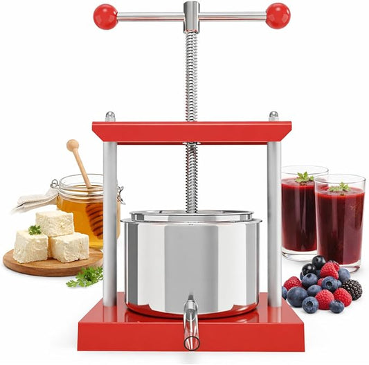 EJWOX 0.53 Gallon Manual Press - Stainless Steel Soft Fruit & Herb Juicer with Filter Bag - Multi-Functional Squeezer for Grapes, Berries, Honey & Cheese - Compact Top-Handle Design for Small Batches