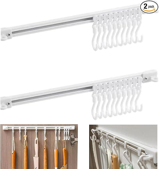 2Pcs Multifunctional Slide Rail Hook, Adhesive Wall Hooks Rack Kitchen Rail, Space Saving Utensil Rack with 10 Hooks No Drilling Hanger for Bathroom Kitchen Bedroom Office(40cm/15.7in)