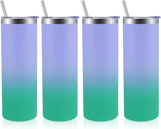 Volhoply 4 Pack Skinny Tumblers with Lid and Straw, 20oz Stainless Steel Straight Tumbler Bulk, Vacuum Insulated Coffee Mug for Home, Office, Travel, DIY (Purple Green,4 Pack)