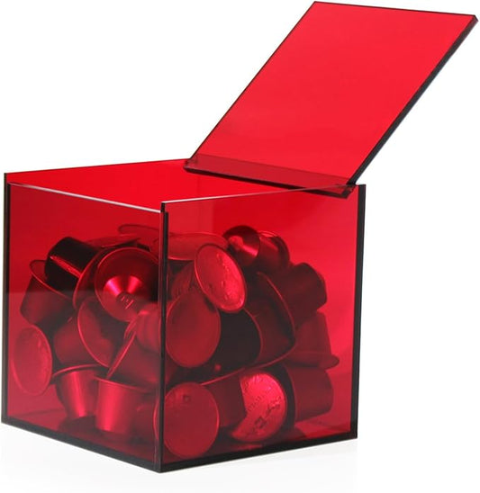 Coffee Capsule Storage Box Coffee Pod Holder Organizers Accessories Anti Dust Durable Clear Acrylic Box for House and Office Use, Red, 5x5 In