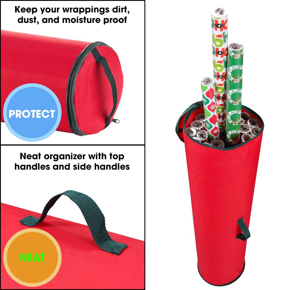 Primode Wrapping Paper Storage Bag | Wrapping Paper Organizer Under Bed for Storing Multiple Rolls of Gift Wrap, 40” Length Container Constructed of Durable 600D Oxford Material (Red)