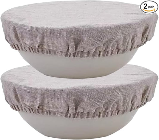 100% Pure Linen Bowl Covers For Bread Proofing, 2 Pcs 10 Inches Elastic Reusable Solid Color Cloth Fabric Bowl Covers,Medium Organic Washable Large Stretch Sourdough Lids, Linen