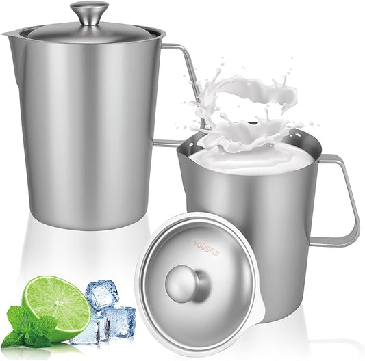 2 Pcs Stainless Steel Pitcher with Lid, 2 L/70 OZ Large Metal Measuring Cup with Marking and Handle, Large Mouth Graduated Beakers, Milk Frothing Jug Metal Pitcher for Coffee Latte Art, Hot/Cold Water