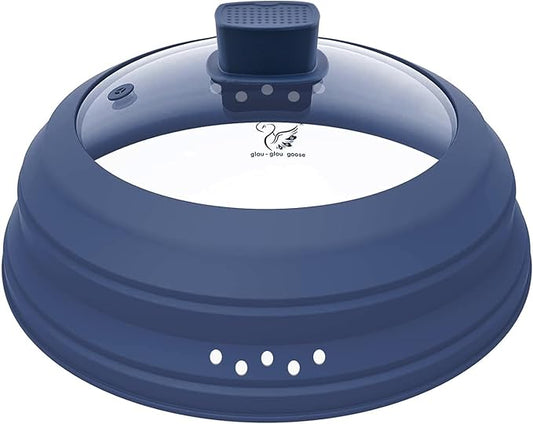 Tall Microwave Splatter Cover Glass Cover Guard Lid 5.8 inch Height with Collapsible Silicone for Food Pot Plate 10.8 inch Dark Blue