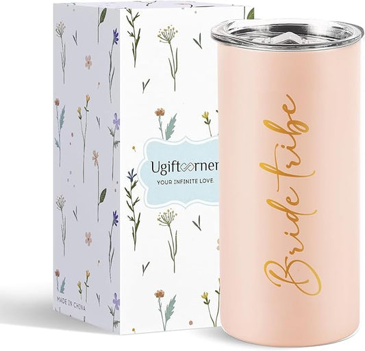 Bride Tribe Gifts Wedding Gifts for Guests Bachelorette Party Favors Bridesmaid Cups Bridal Shower Stainless Steel Skinny Tumbler with Lid and Straw 15 OZ Pink
