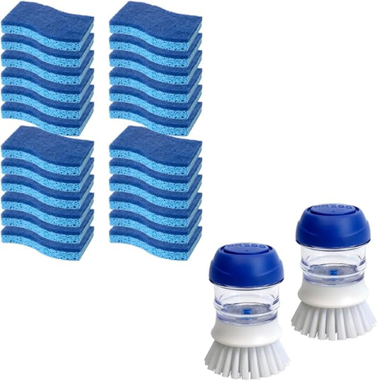 CELOX 24 Pack Non-Scratch Dish Sponge and 2 Pack Dish Brush with Soap Dispenser for Kitchen Cleaning
