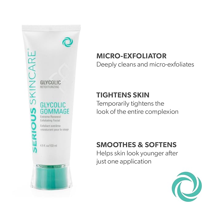 Serious Skincare - Glycolic Radiant Skin Set - Improve Appearance of Lines, Wrinkles and Enlarged Pores - Face Wash Cleanser, Gommage Exfoliating Clay Mask & Retexturizing Treatment Pads (3piece)