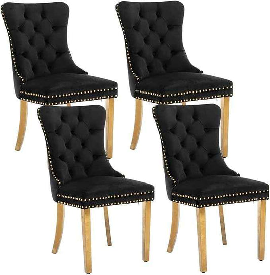 Black Velvet Dining Chairs Set of 4, Upholstered Dining Room Chairs with Back Ring Pull Trim and Golden Stainless Steel Legs,Modern Dining Chairs for Dining Room,Kitchen(Black)