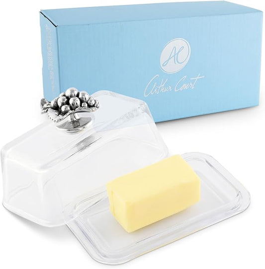 Arthur Court Glass Butter Dish with Lid Metal Grape Knob | Classic 2-Piece Design Covered Butter Keeper | Covers and Holds a Standard Stick of Butter | Classic Décor