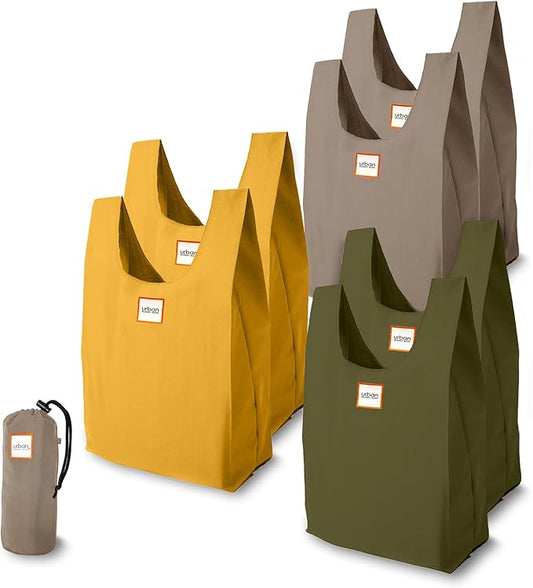 Urban Market Bags - Meadow - 6 Foldable Reusable Shopping Bags in 1 Compact Pouch, Luxury Quality, Recycled Fabric, Holds 50+ lbs, Machine Washable, Pouch Fits in Cupholder, Designed in California