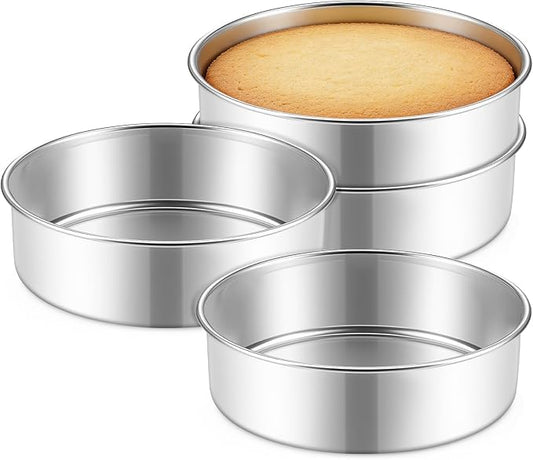 P&P CHEF 7 Inch Cake Pan Set of 4, 4 Pieces Round Layer Cake Baking Pans, Stainless Steel Smash Cake Tin Bakeware for Cooking Steaming, Nontoxic & Sturdy, Oven & Dishwasher Safe