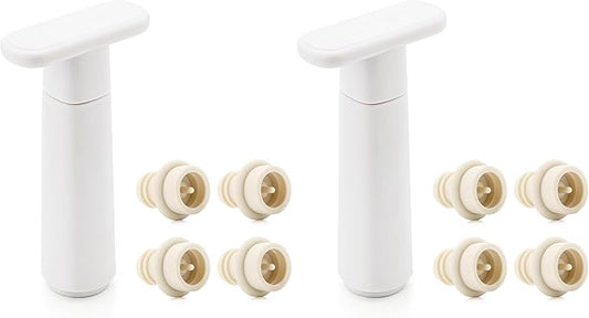 WOTOR Wine Saver Vacuum Pump with 4 Stoppers, Wine Stopper & Preserver, Reusable Bottle Sealer Keeps Fresh, Ideal Accessories Gift, Flat Handle (White) (Pack of 2)