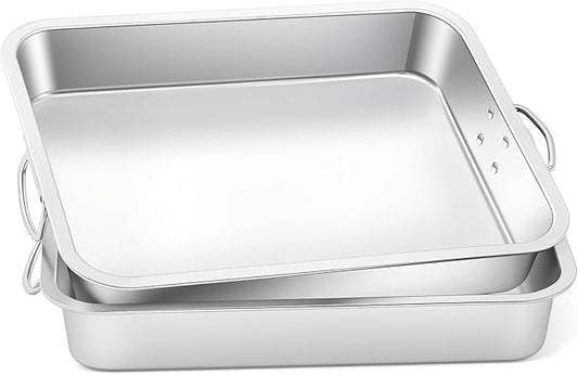 2 Pcs Extra Large Baking Pans 17.72 x 13.78 x 2.76'' Stainless Steel Lasagna Roasting Pan Large Uncovered Thickened Bake Trays with Handle for Kitchen Turkey Oven Lasagna ‌roasts Baking
