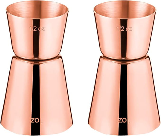 Briout Jigger for Bartending, 2 Pcs Double Cocktail Jigger Japanese Premium 304 Food Grade Stainless Steel Jigger 1 OZ 1/2 OZ, Flat Edge Rose Gold