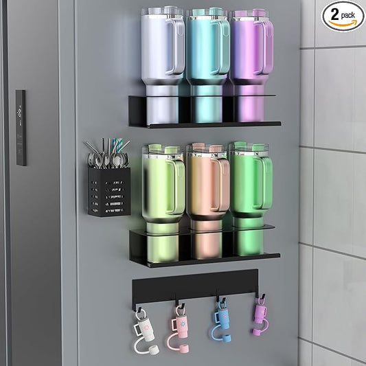 Magnetic Cup Holder for Refrigerator, Water Bottle Organizer for Stanley and Tumbler, Accessory with Lid Hook Straw Holder and Double Sided Tape for Kitchen Fridge Cabinet