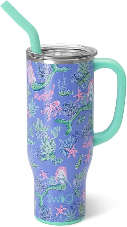Swig Life 30oz Mega Mug, 30 oz Tumbler with Handle and Straw, Cup Holder Friendly, Dishwasher Safe, Extra Large Insulated Tumbler, Stainless Steel (Under the Sea)