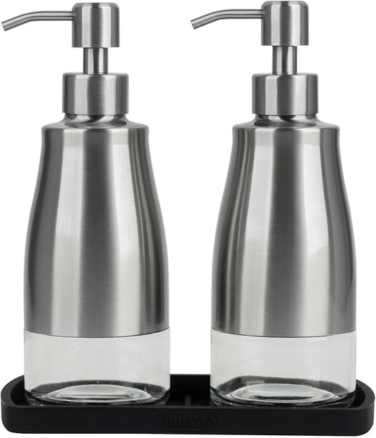 Gaussra Kitchen Soap Dispenser Set with Silicone Tray and Stickers - Brushed Nickel, Stainless Steel Glass Soap Dispenser Bathroom, Refillable Hand Dish Dispenser for Kitchen Sink