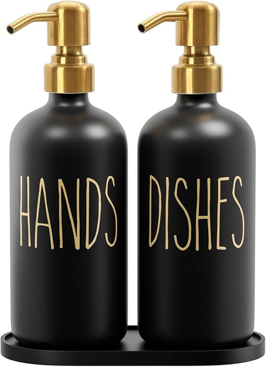 MOMEEMO Kitchen Soap Dispenser Set, Contains Hand and Dish Soap Dispenser, Suitable for Black and Gold Kitchen Decor. (Black & Gold)