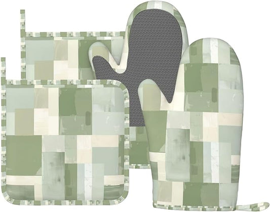 Oven Mitts and Pot Holders Set, Modern Art Pastel Green Geometric Silicone Kitchen Accessories 4 Piece Heat Resistant Long Gloves Potholder Non-Slip Grip for Chef Cooking Baking Grilling BBQ