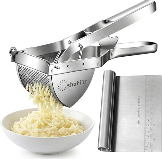 Stainless Steel Potato Ricer with Dough Scraper - Masher for Mashed Potatoes, Gnocchi & Fruit - Dishwasher Safe