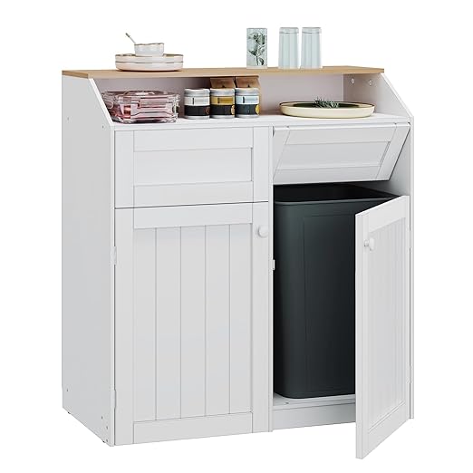 YATINEY Double Trash Cabinet, 20 Gallon Freestanding Trash Can Cabinet, Wooden Recycling with Flip Door, Hidden Kitchen Garbage Can, Laundry, for Kitchen, Living Room, White WB12WT