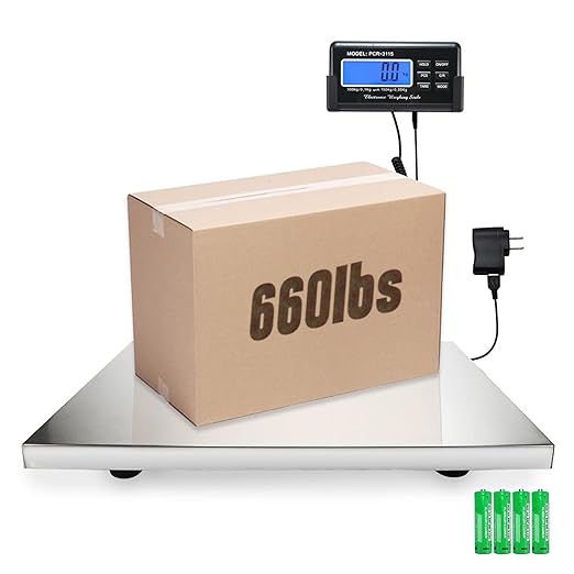 Charmline 660lbs x 0.1lbs High Accuracy Digital Postal Scale, Pet Vet Scale with 17x21in Large Stainless Steel Platform, Heavy Duty Scale for Packages/Dog/Postage/Luggage, Battery&AC Adapter Powered