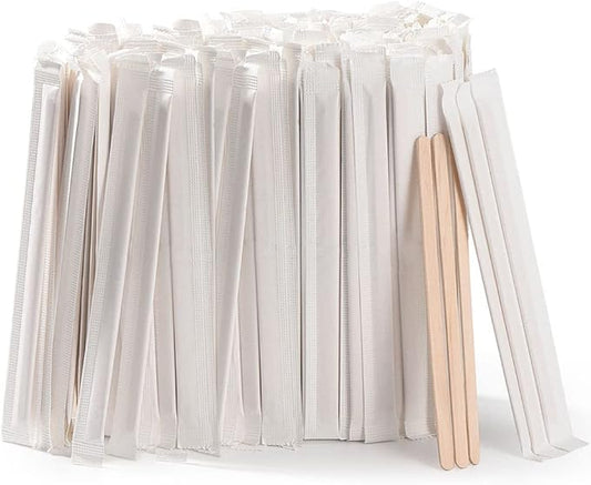 MFJUNS 500pcs Individually Wrapped Coffee Stirrers Wood - 7" Coffee Stir Sticks, Round End Disposable coffee stirrer, For Coffee, Cocktail and Hot Drinks