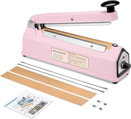 METRONIC Impulse Sealer 8 inch, Manual Heat Sealer Machine for Plastic Bags, Shrink Wrap Bag Sealers Heavy Duty Sealing Machine with Repair Kit (Pink)