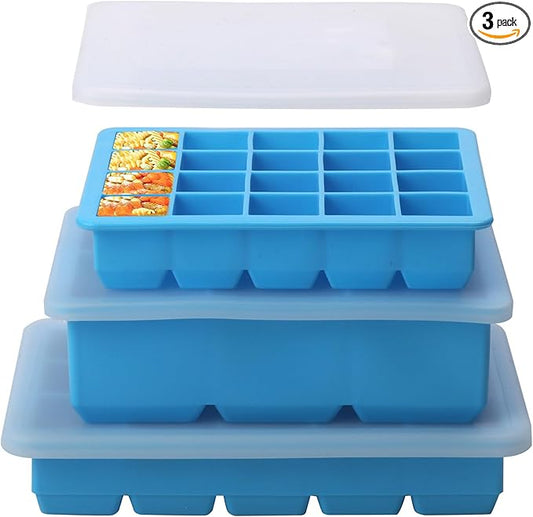 3-Pack Silicone Freezer Trays with Lid,6 Large 1/2-Cup(125ml)&15 Medium 2 Tbsp(30ml)&20 Small 1 Tbsp(15ml) Soup Freezer Container Molds,Perfect for Storing Garlic,Herbs,Pesto and More (Blue 3 Pack)