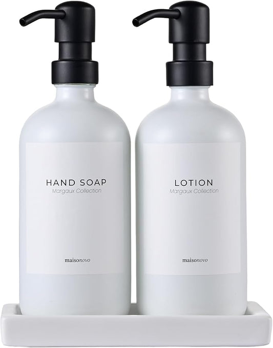 MaisoNovo Bathroom Soap Dispenser Set- Soap and Lotion Dispenser Set with White Soap Dispenser, Black Pumps & Ceramic Tray