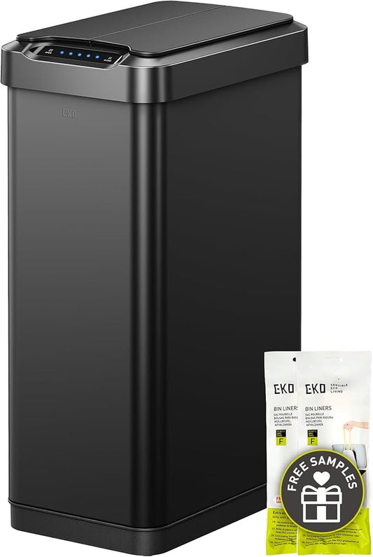 EKO Phantom-T 13.2 Gallon/ 50L Automatic Sensor Kitchen Trash Can, Slim Stainless Steel Touchless Garbage Bin with Soft-Close Dual Wing Lid for Home & Office, Matte Black