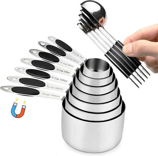 Magnetic Measuring Cups and Spoons Set, 12 Piece Stainless Steel Measuring Cups and Spoons Set, Nesting Kitchen Gadgets with Removable Clasp for Cooking & Baking (Black)