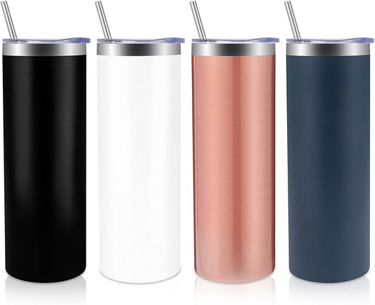 Volhoply 4 Pack Skinny Tumblers with Lid and Straw, 20oz Stainless Steel Straight Tumbler Bulk, Vacuum Insulated Coffee Mug for Home, Office, Travel, DIY (Mix,4 Pack)