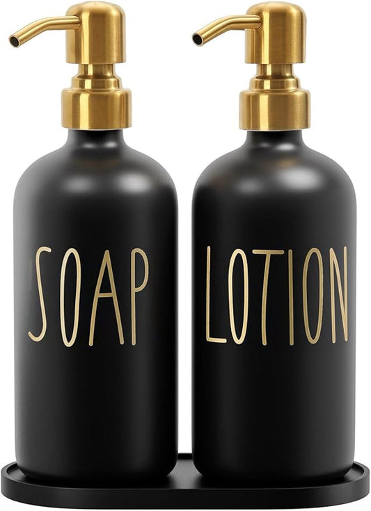 MOMEEMO Bathroom Soap Dispenser Set, Contains Hand Soap and Lotion Dispenser, Suitable for Black and Gold Bathroom Decor. (Black & Gold)