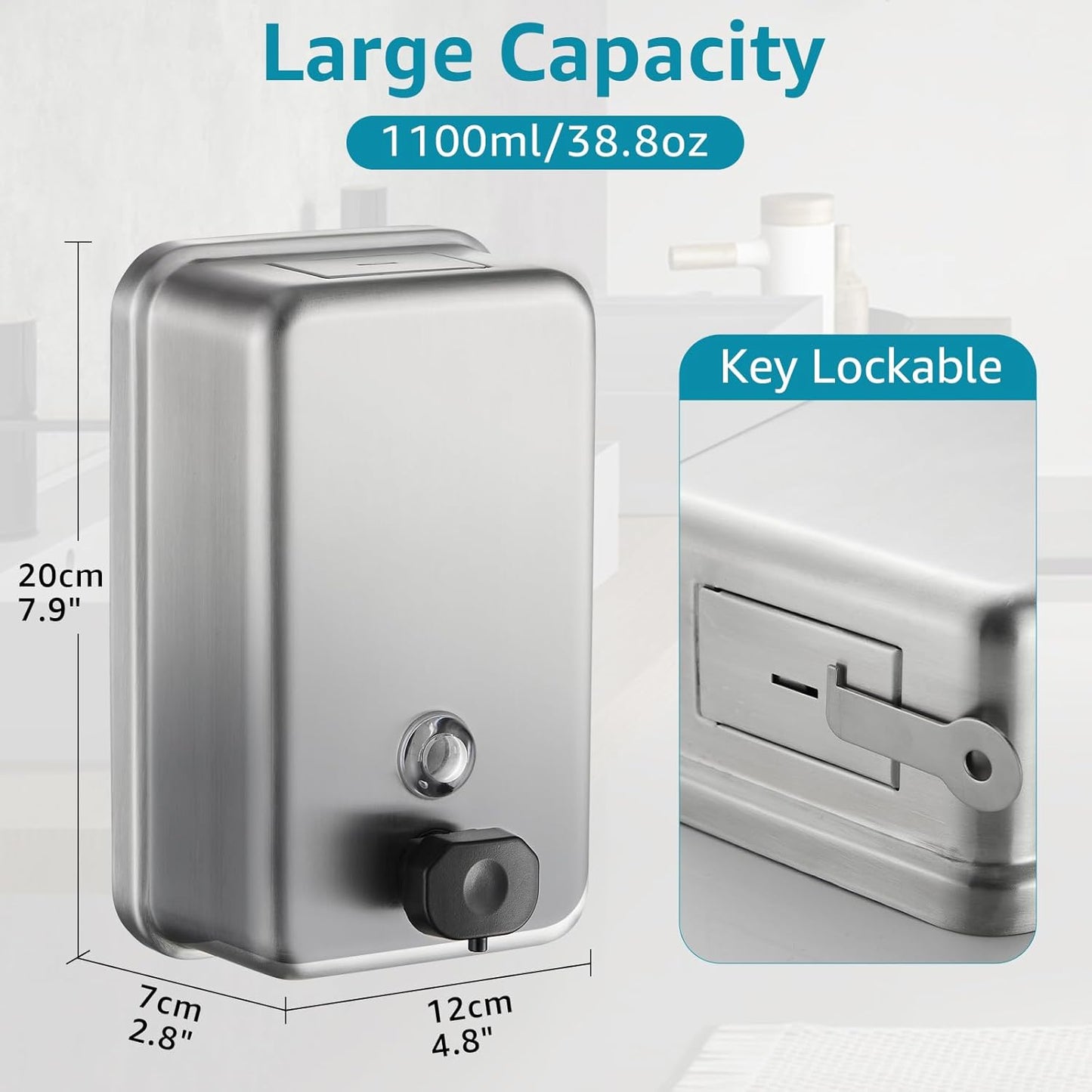 Commercial Wall Mount Soap Dispenser - Stainless Steel Bathroom Hand Soap 38.8oz Liquid - Anti-Leak Pump and Large Capacity Brushed Refillable
