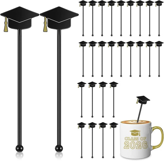 SiliFine 30 Pcs Graduation Cap Drink Stirrers Graduation Stir Sticks Coffee Stirrers Cocktail Mixers Plastic Swizzle Sticks Hot Cocoa Bar Supplies for Party Bar Coffee Tea Favors (Gold)