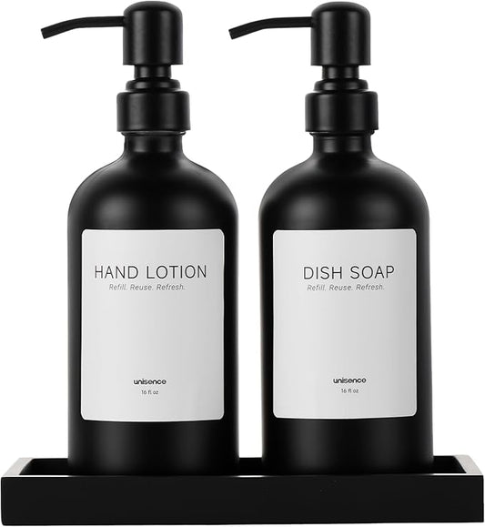 2 Packs Glass Soap Dispenser Set for Kitchen, Hand and Dish Soap Dispenser with Stainless Steel Pump & Resin Tray, Rental-Modern Refillable Countertop Soap Dispenser for Kitchen Hotels,Matte Black