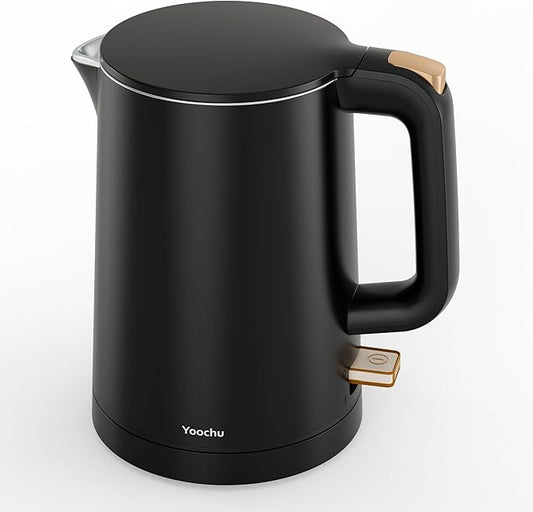Small Electric Kettle, 0.8L Water Boiler & Heater, 1000W Hot Tea Pot, Double Wall Stainless Steel Cool Touch, Mini Coffee Kettle with Auto Shut Off & Boil Dry Protection, BPA-Free, Black Gold