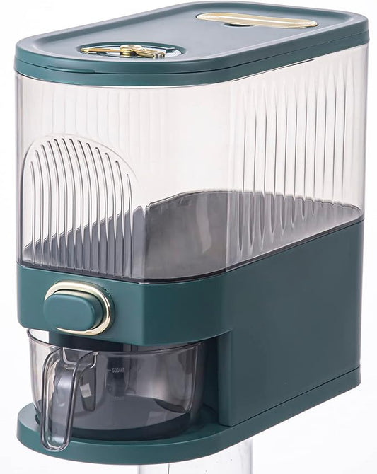 Sooyee 11 Lbs Rice Dispenser, Large Grain Container Storage with Lid Measuring Cylinder Moisture Proof Household Cereal Dispenser Bucket for Kitchen Soybean Corn,Clear and Green