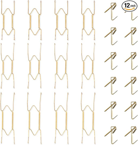 Bilillo 12 Pieces Invisible Wall Plate Hangers 6/8/10 Inches Wall Plate Hangers Stainless Steel Decorative with 12 Pieces Hook with Nails Suitable for 6-11 inch Decorative Antique and Arts(Gold)