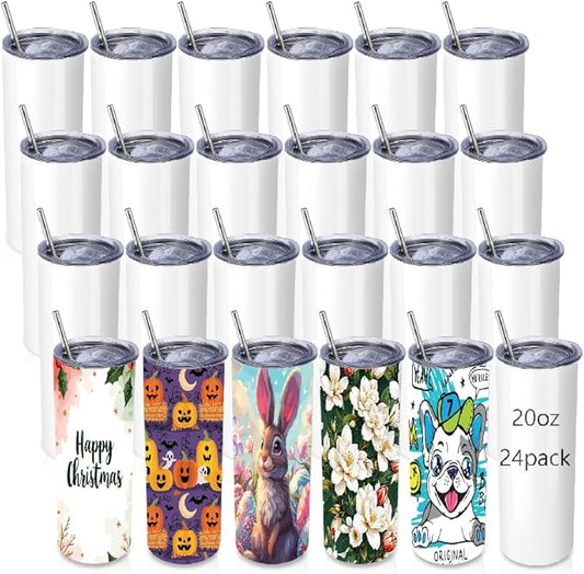 Volhoply 24 Pack Skinny Sublimation Tumblers with Lid and Straw, 20oz Stainless Steel Straight Tumbler Bulk, Vacuum Insulated Coffee Mug for Home, Office, Travel, DIY (Sublimation,24 Pack)
