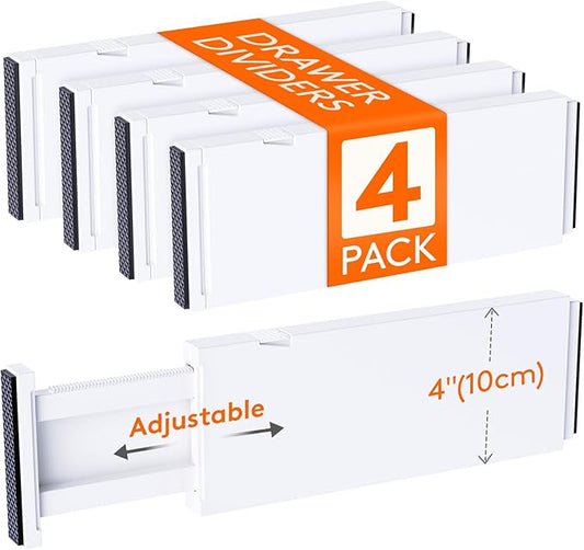 Lifewit 4 Pack 4" High Drawer Dividers 28 -43.5cm/11-17" Adjustable Kitchen Drawer Organiser, Expandable Drawer Dividers Separator for Clothes in Bedroom/Bathroom/Office Organisation & Storage White