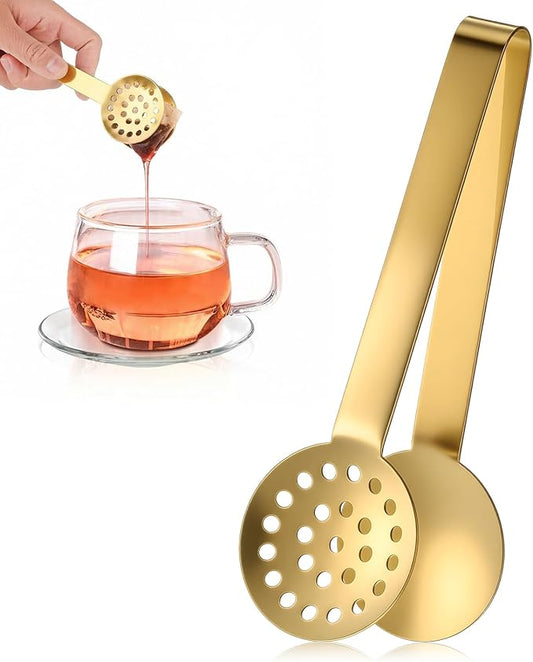 Tea Bag Squeezer, Stainless Steel Tea Tongs, Teabag Filter, Dispenser Accessories for Teas Drinkers, Durable Round Strainer Gripper Picker (Gold)