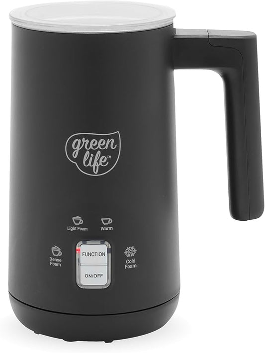 GreenLife Ceramic Electric Milk Frother, 10oz, 4-in-1, Auto Hot and Cold Foam, Dense and Light Foam, PFAS Free, Cordless Milk Warmer and Steamer for Latte, Coffee, Black