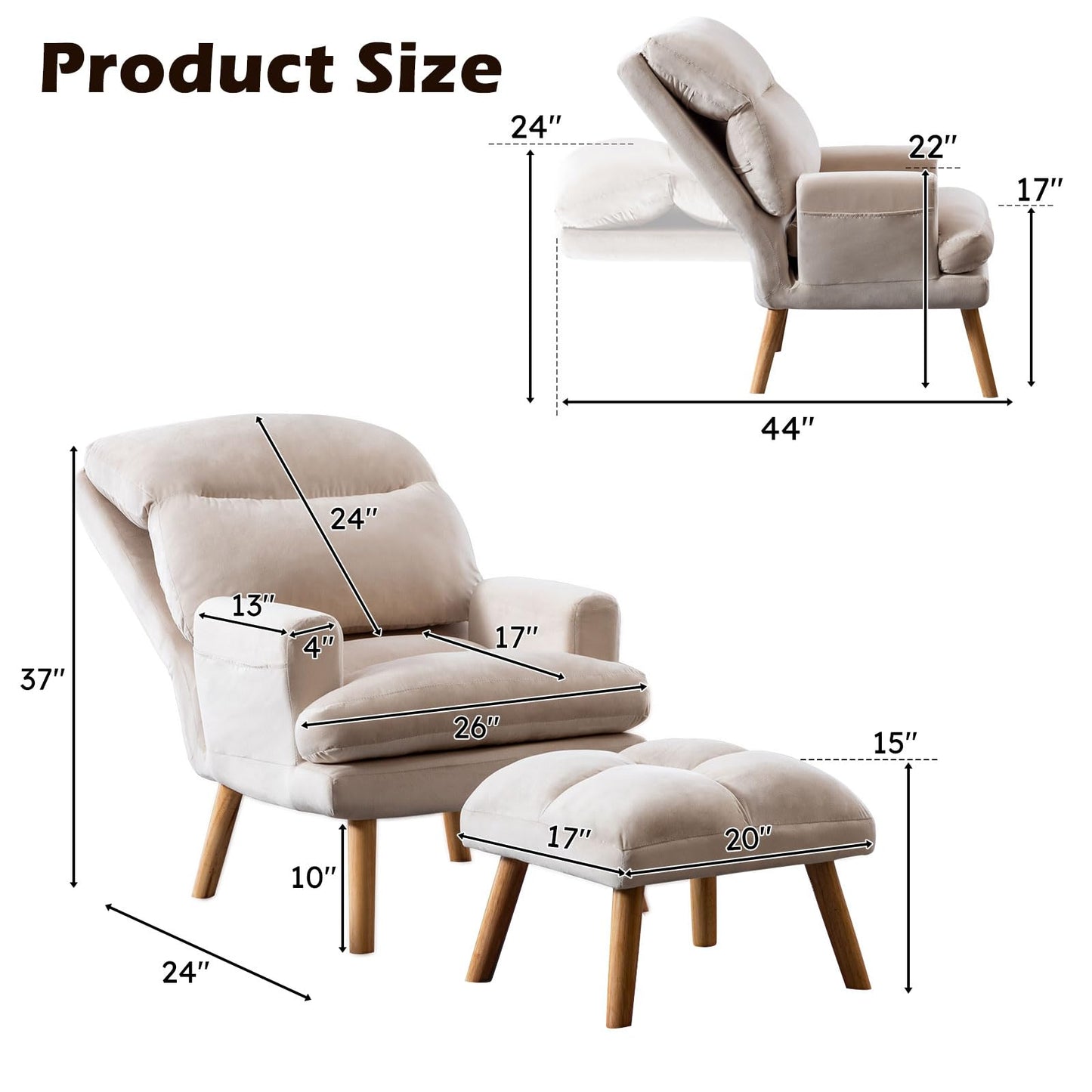 IOMOR Accent Chair with Ottoman Comfy Reading Chair Armchair with Adjustable Backrest and Side Pockets Soft Fabric Leisure Sofa for Bedroom, Living Room, Dorm Rooms, Garden, Beige