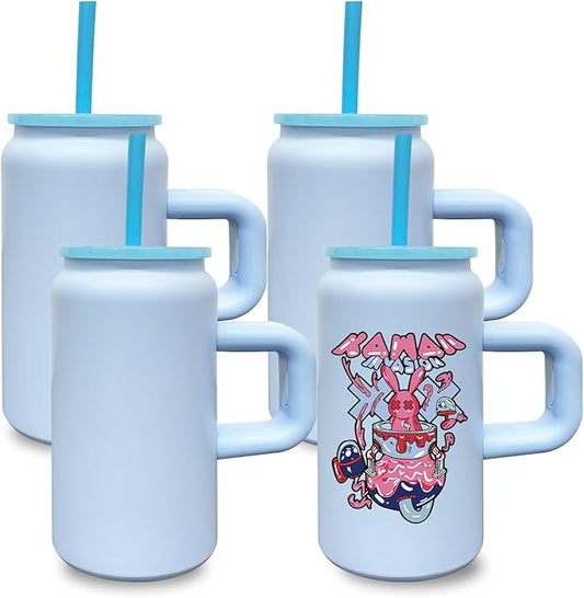 4 Pack 16 oz Sublimation Tumblers with Handle and Straw for Kids, Stainless Steel Sublimation Tumblers Bulk with Lids, Vacuum Insulated Iced Coffee Cups for DIY Craft Heat Press Print (Blue,4 pack)