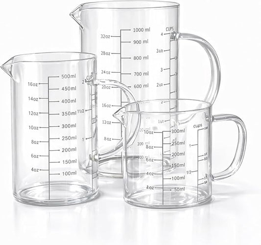 77L 3 Pack Glass Measuring Cup Set (1 1/4, 2 & 4 Cup) [Insulated handle, V-Shaped Spout], High Borosilicate Liquid Glass Measure Cup for Kitchen, Easy To Read, Dishwasher, Freezer, and Microwave Safe