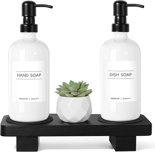 KASUNTING Hand Soap Dispenser for Kitchen, White Soap Dispensers with Stainless Steel Pump, Bathroom Soap Dispenser Set with Wood Riser Tray, Kitchen Dish Soap Dispensers Bathroom Decor(White)