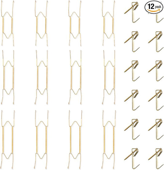 Bilillo 12 Pieces Invisible Wall Plate Hangers 10/12/14 Inches Wall Plate Hangers Stainless Steel Decorative with 12 Pieces Hook with Nails Suitable for 8-16 inch Decorative Antique and Arts(Gold)