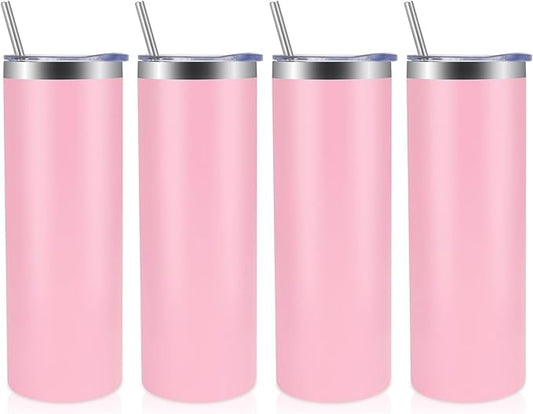 Volhoply 4 Pack Skinny Tumblers with Lid and Straw, 20oz Stainless Steel Straight Tumbler Bulk, Vacuum Insulated Coffee Mug for Home, Office, Travel, DIY (Pink,4 Pack)